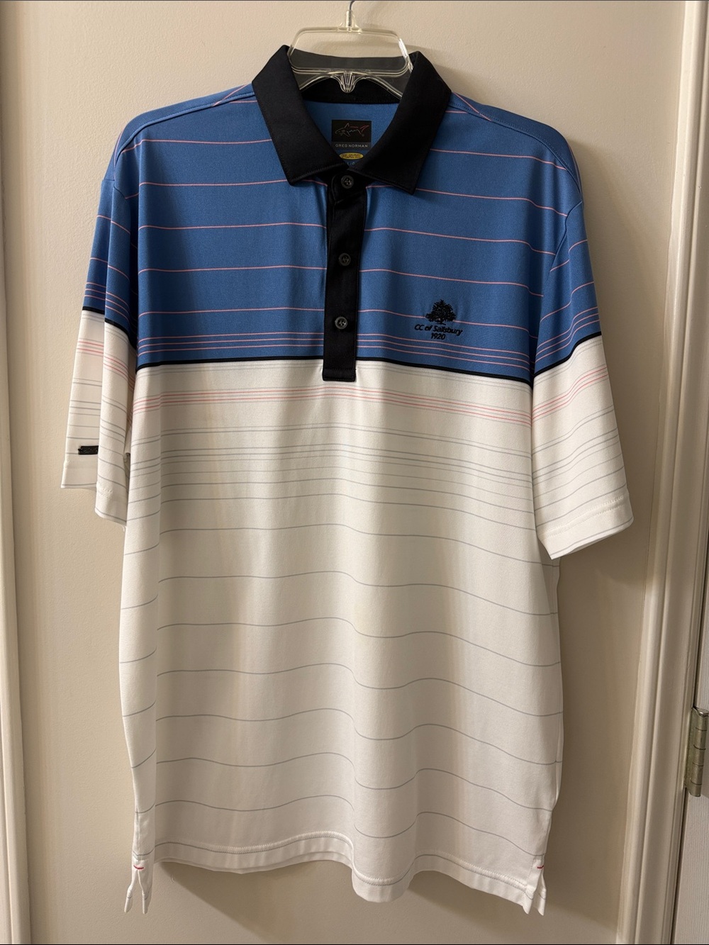 Greg Norman Collection Blue and White Striped Polo with Black Collar